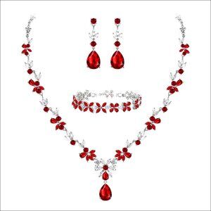 Floral Leaf Vine Teardrop Necklace Earrings Bracelet Set Brass Cubic Zirconia